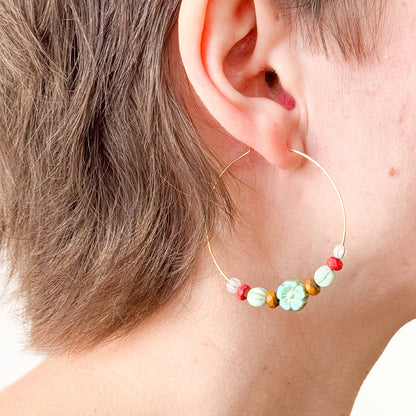 Big Gold Hoops With Turquoise Glass Flower Beads - La Vie Est Belle