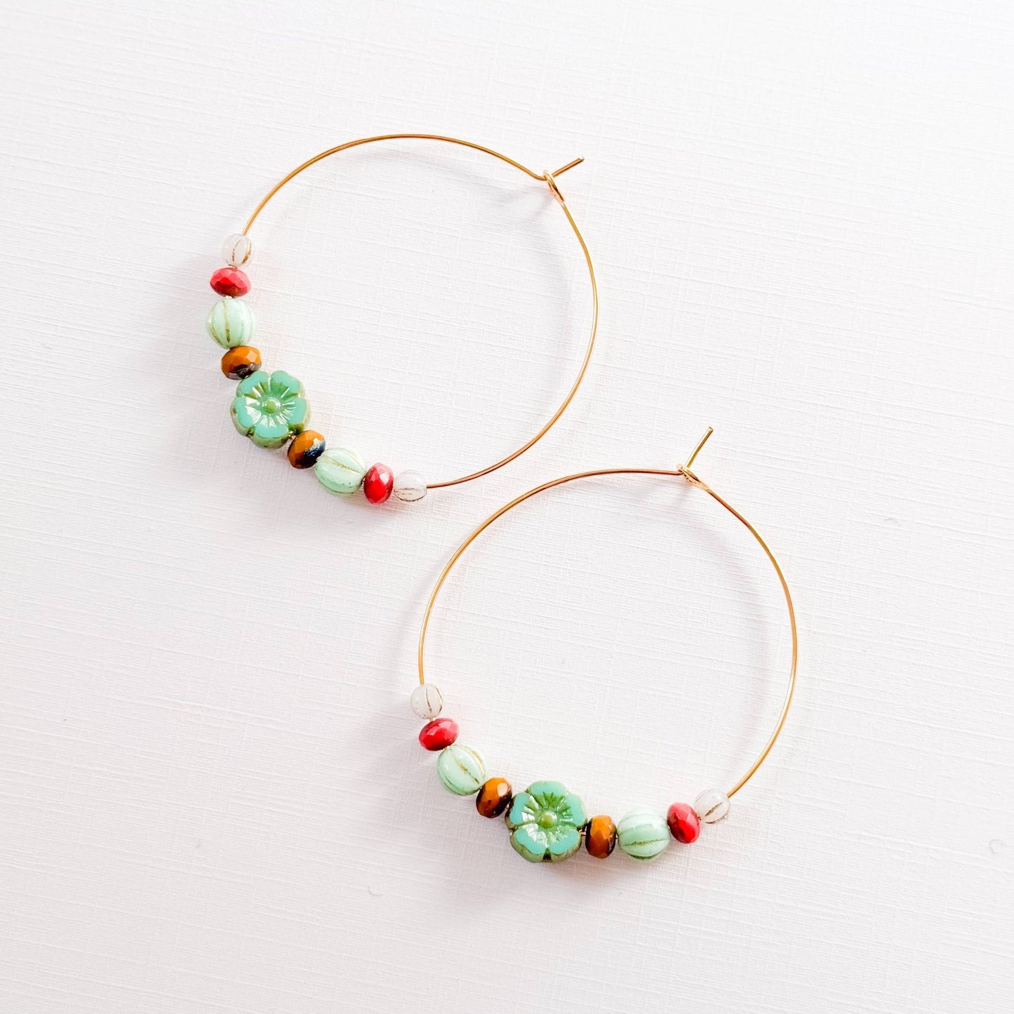 Big Gold Hoops With Turquoise Glass Flower Beads - La Vie Est Belle
