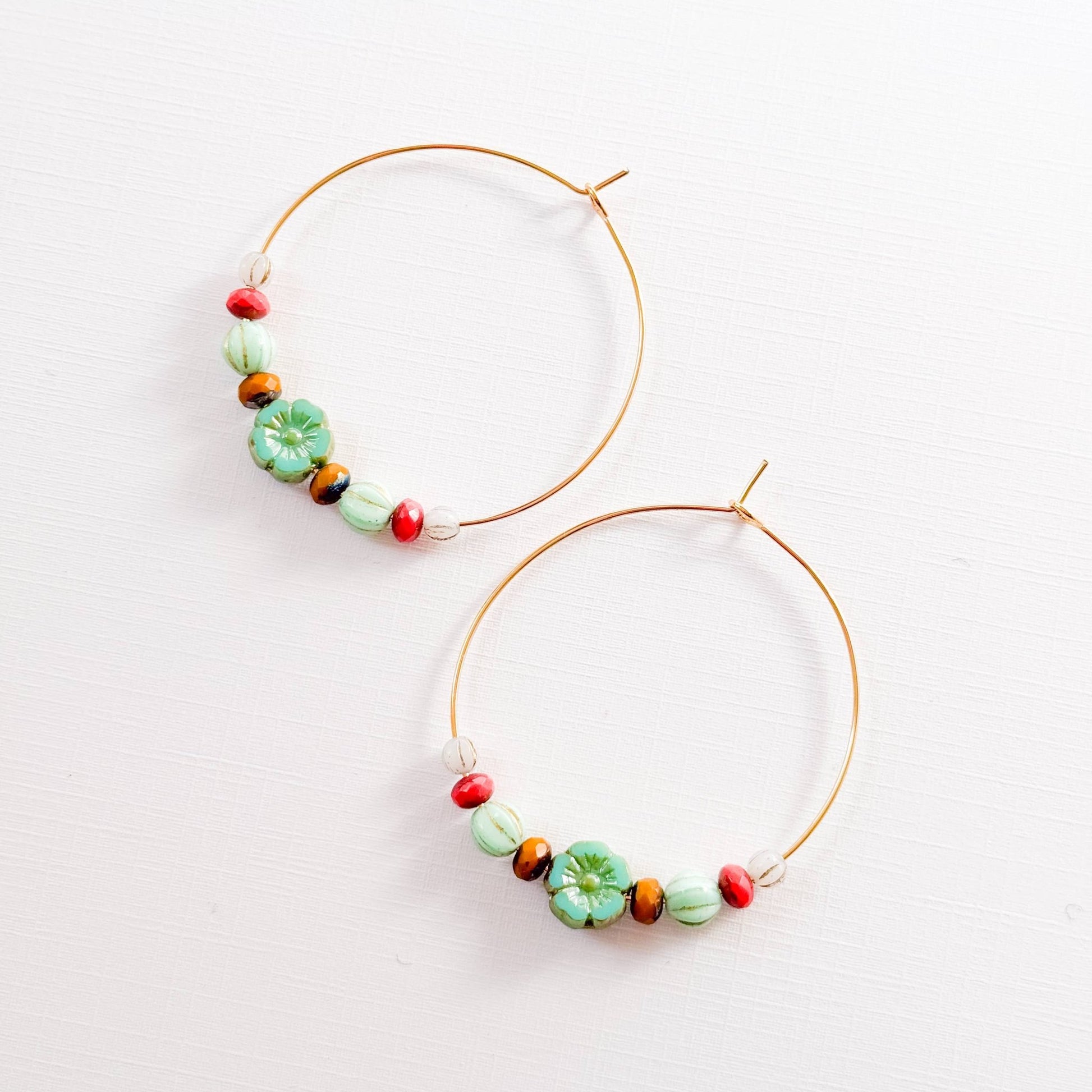 Big Gold Hoops With Turquoise Glass Flower Beads - La Vie Est Belle