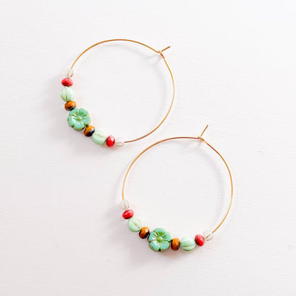 Big Gold Hoops With Turquoise Glass Flower Beads - La Vie Est Belle