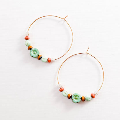 Big Gold Hoops With Turquoise Glass Flower Beads - La Vie Est Belle