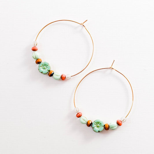 Big Gold Hoops With Turquoise Glass Flower Beads - La Vie Est Belle