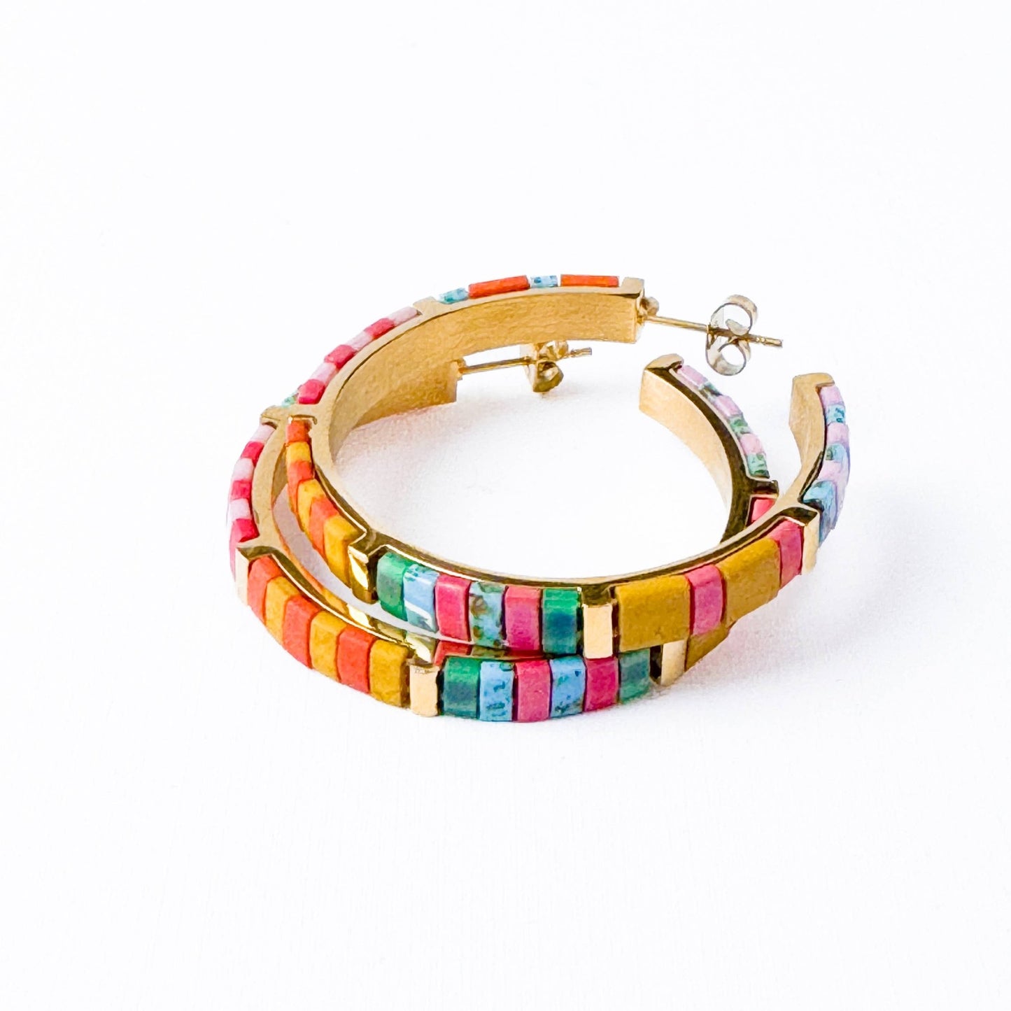 Big Turquoise Tila Bead Hoop Earrings Gold-Plated, Handmade - La Vie Est Belle