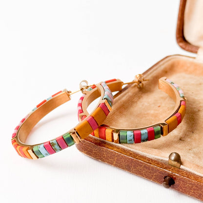 Big Turquoise Tila Bead Hoop Earrings Gold-Plated, Handmade - La Vie Est Belle