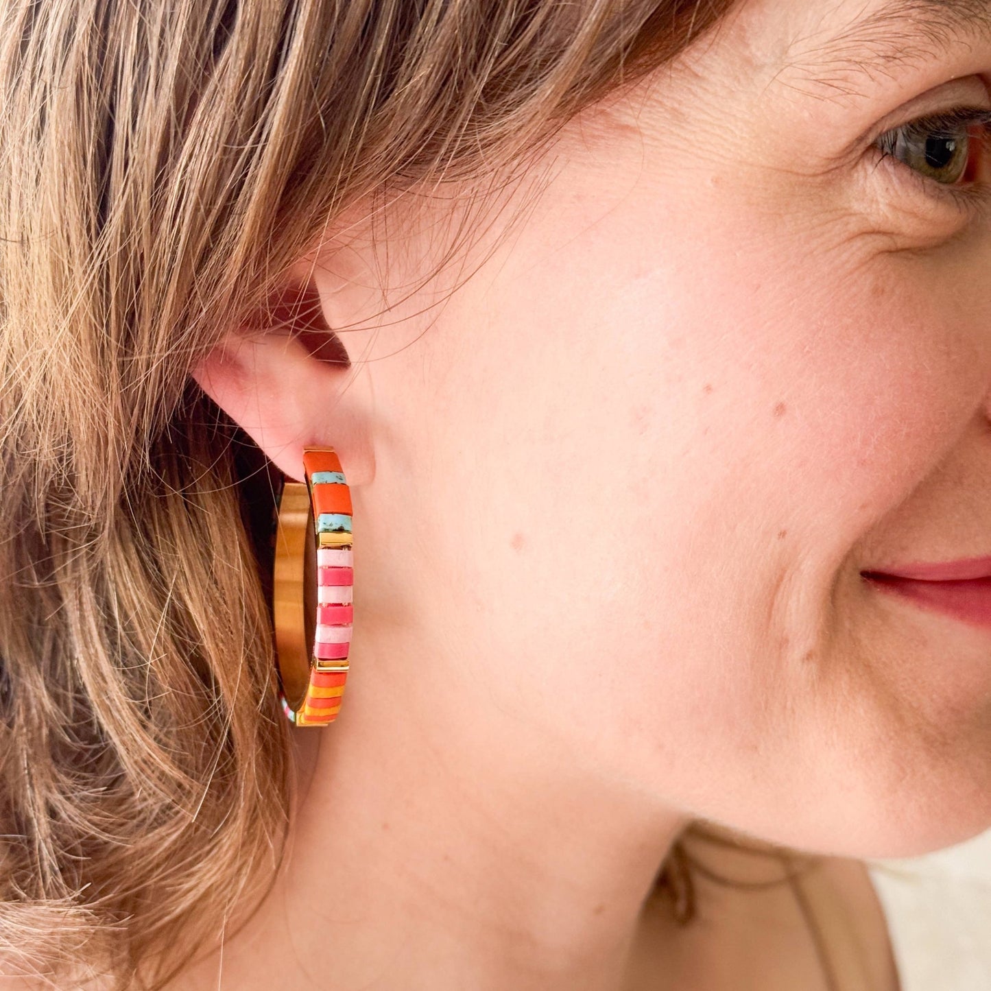 Big Turquoise Tila Bead Hoop Earrings Gold-Plated, Handmade - La Vie Est Belle