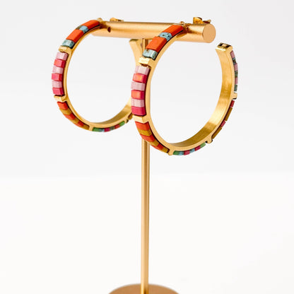 Big Turquoise Tila Bead Hoop Earrings Gold-Plated, Handmade - La Vie Est Belle