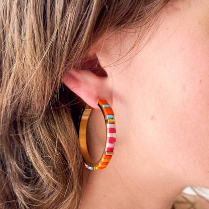 Big Turquoise Tila Bead Hoop Earrings Gold-Plated, Handmade - La Vie Est Belle