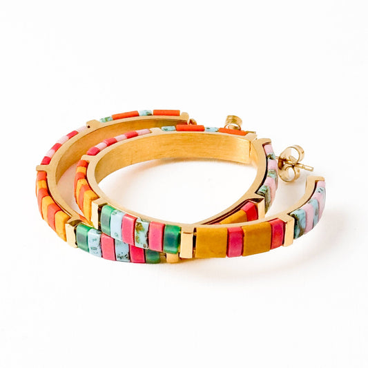 Big Turquoise Tila Bead Hoop Earrings Gold-Plated, Handmade - La Vie Est Belle