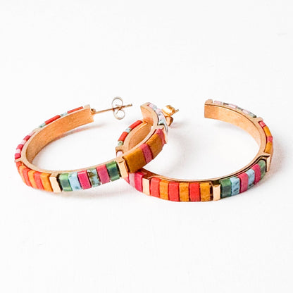 Big Turquoise Tila Bead Hoop Earrings Gold-Plated, Handmade - La Vie Est Belle