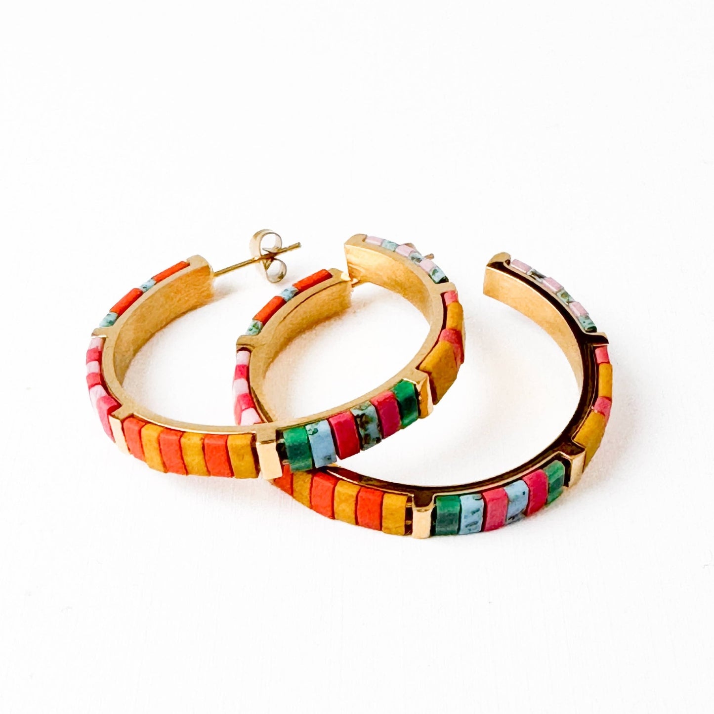 Big Turquoise Tila Bead Hoop Earrings Gold-Plated, Handmade - La Vie Est Belle