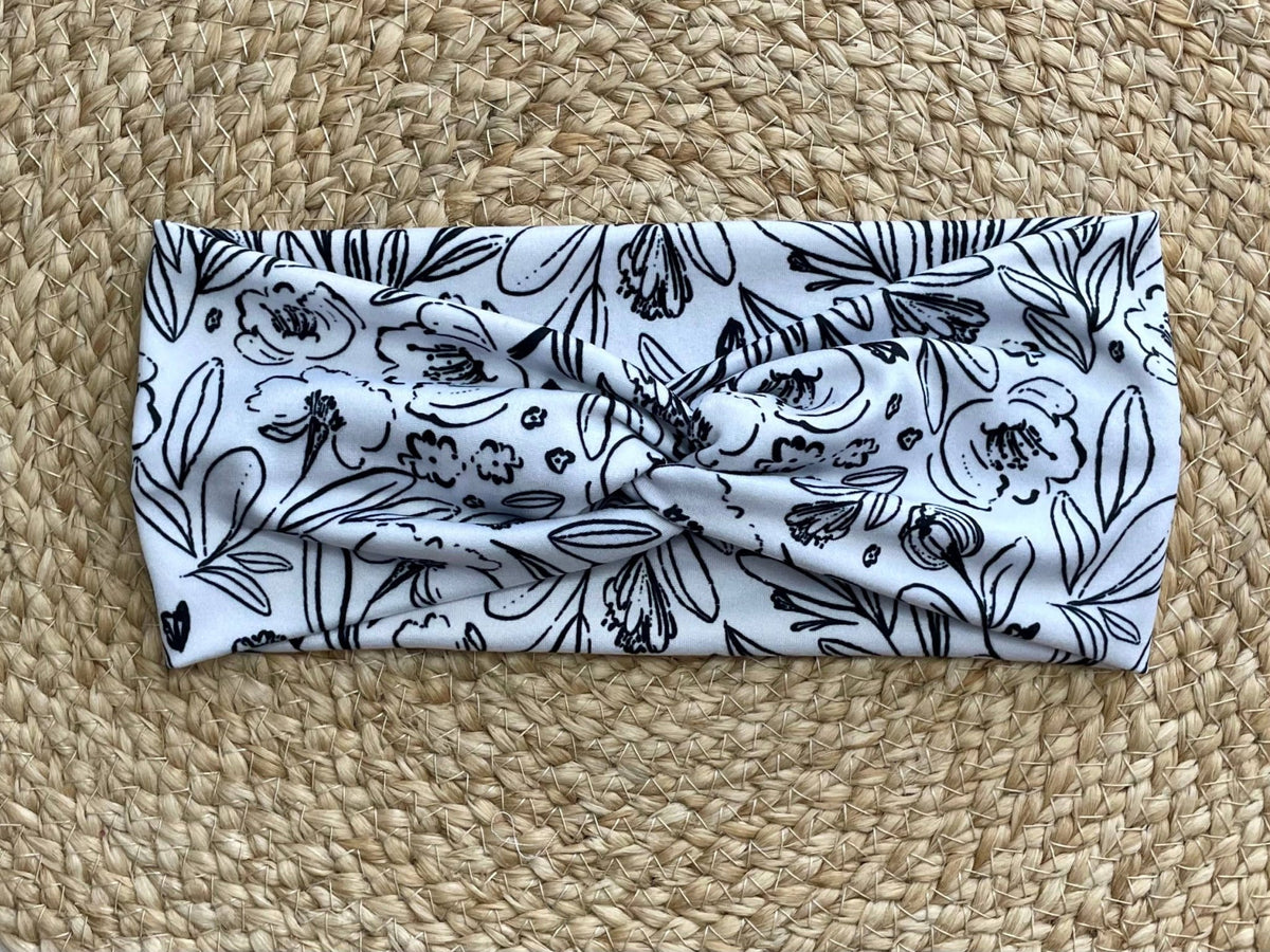Black and White Peonies Knit Twist Headband - La Vie Est Belle
