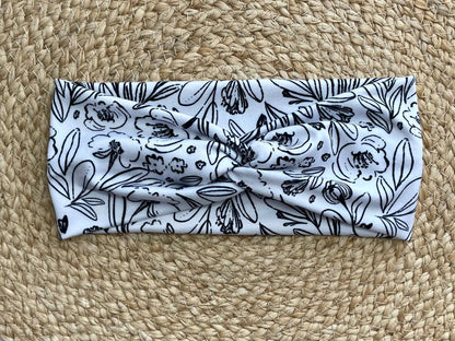 Black and White Peonies Knit Twist Headband - La Vie Est Belle