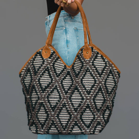 Black & Gray Diamond Pattern Textured Tote - La Vie Est Belle