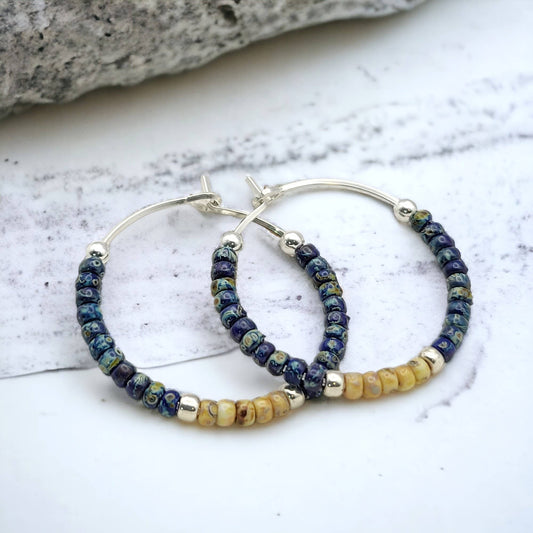 Blue Beaded Boho Silver Hoop Earrings - La Vie Est Belle
