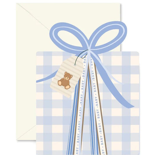 Blue Gingham Baby Gift die-cut Greeting Card - La Vie Est Belle