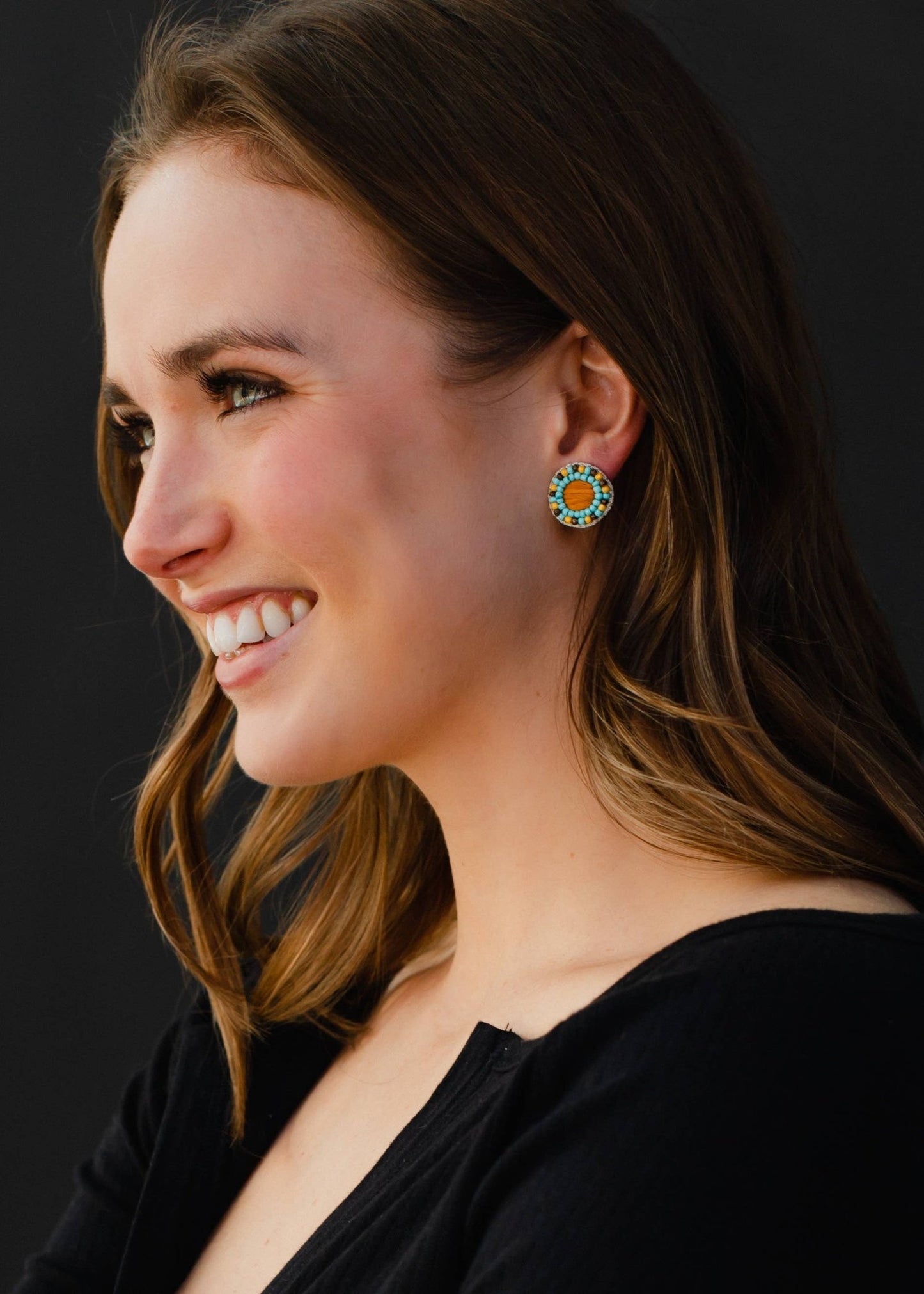 Brown, Yellow & Lt. Blue Beaded Stud Earrings - La Vie Est Belle