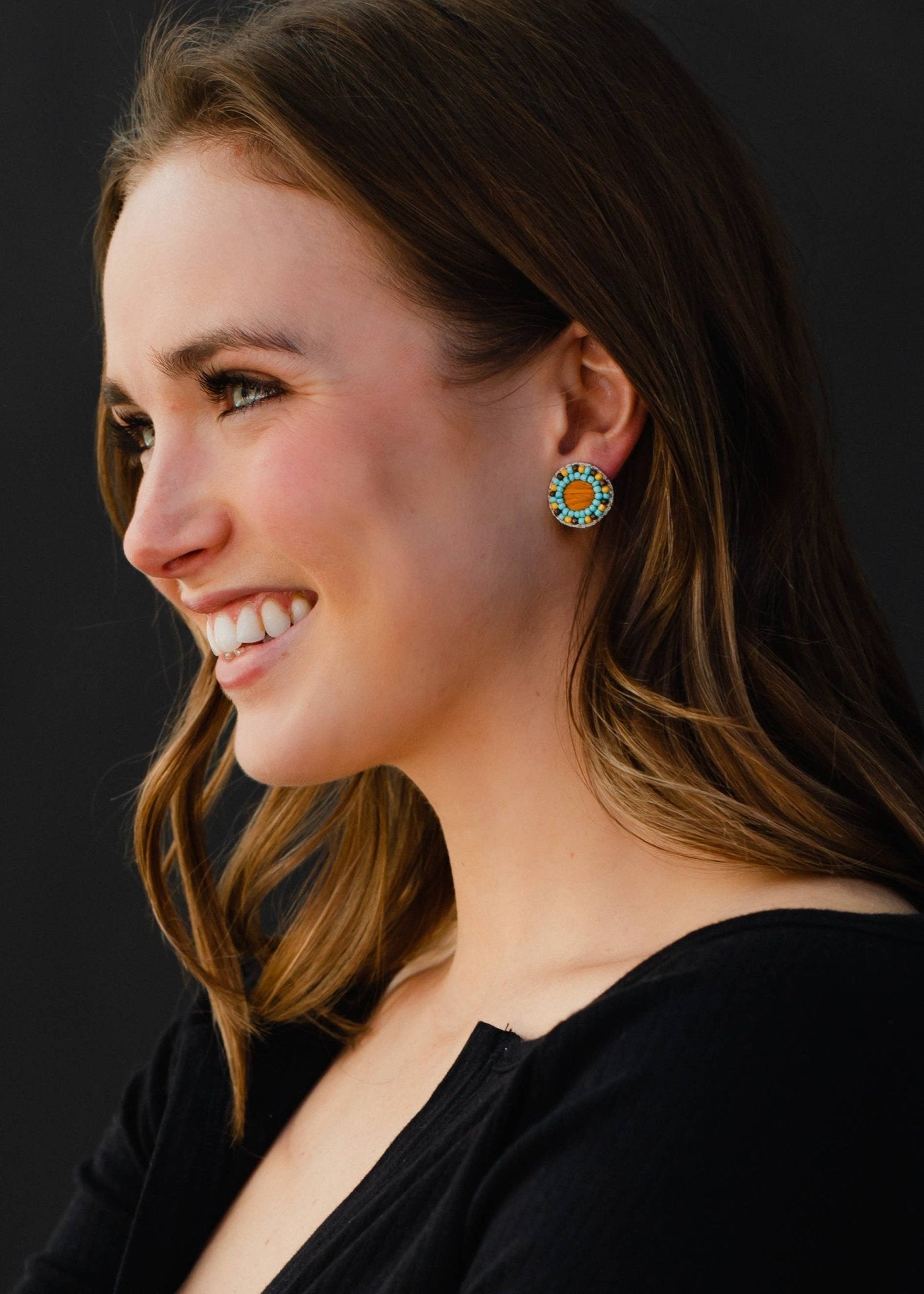 Brown, Yellow & Lt. Blue Beaded Stud Earrings - La Vie Est Belle