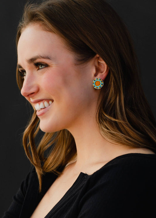 Brown, Yellow & Lt. Blue Beaded Stud Earrings - La Vie Est Belle