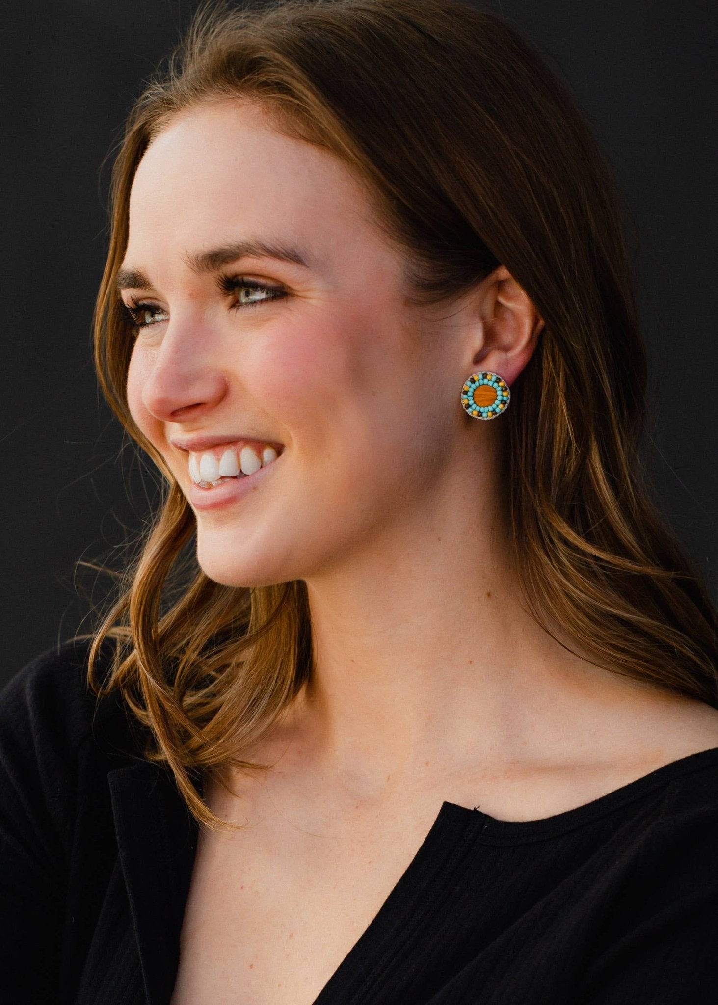 Brown, Yellow & Lt. Blue Beaded Stud Earrings - La Vie Est Belle