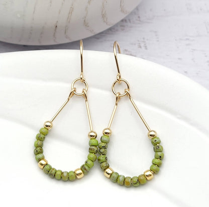 14K Gold Filled Teardrop Earrings with Chartreuse Seed Beads