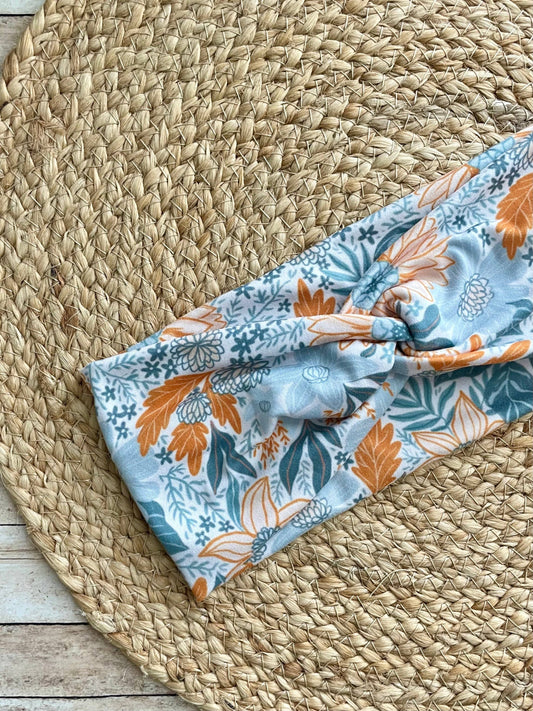 Blue Floral Leaves Knit Twist Headband