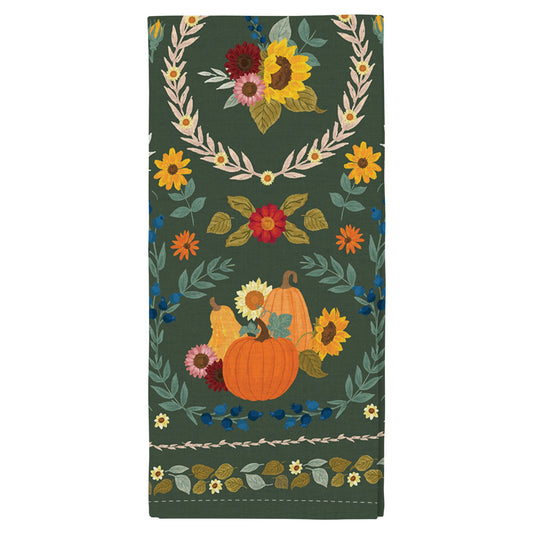 Pumpkin Folk Floral Fall Tea Towel