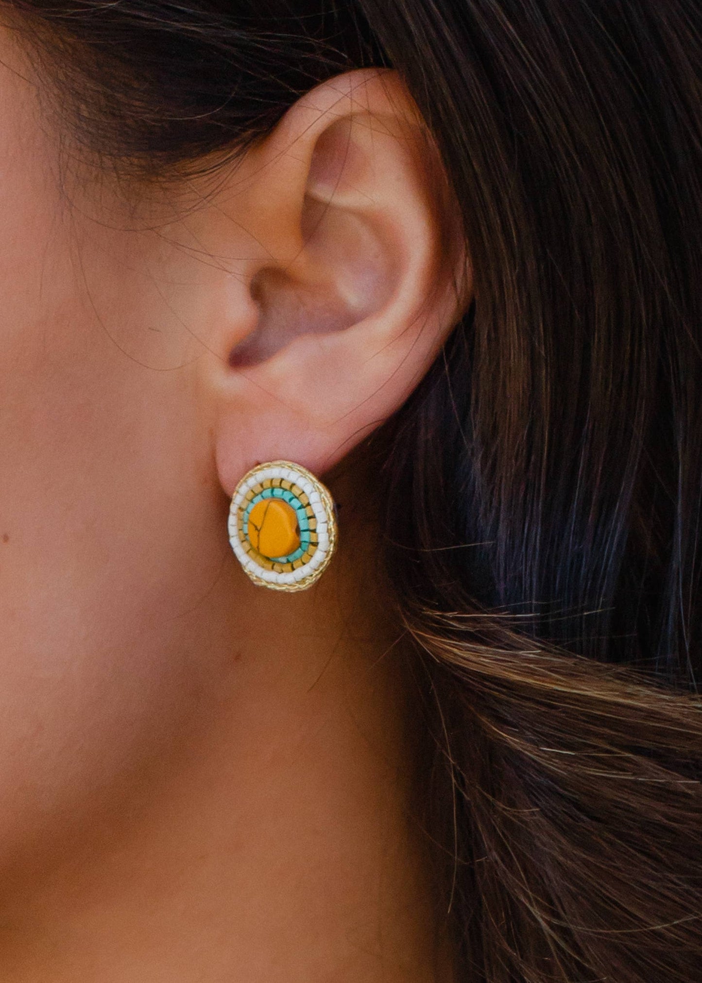 Mustard, Ivory & Teal Beaded Stud Earrings