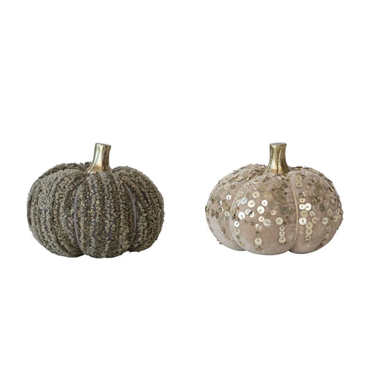 3" Handmade Cotton Velvet, Sequin/Bouclé & Aluminum Pumpkin, 2 Styles