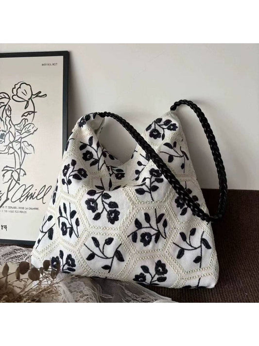 Cosbai - Floral Embroidered Honeycomb Pattern Tote Bag - La Vie Est Belle
