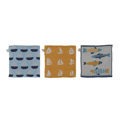 Cotton Knit Dish Cloth with Fish/Boat Pattern, 3 Styles - La Vie Est Belle