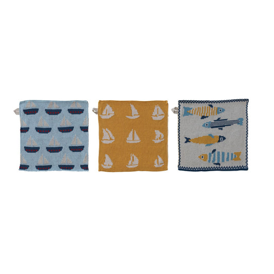Cotton Knit Dish Cloth with Fish/Boat Pattern, 3 Styles - La Vie Est Belle