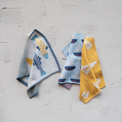 Cotton Knit Dish Cloth with Fish/Boat Pattern, 3 Styles - La Vie Est Belle