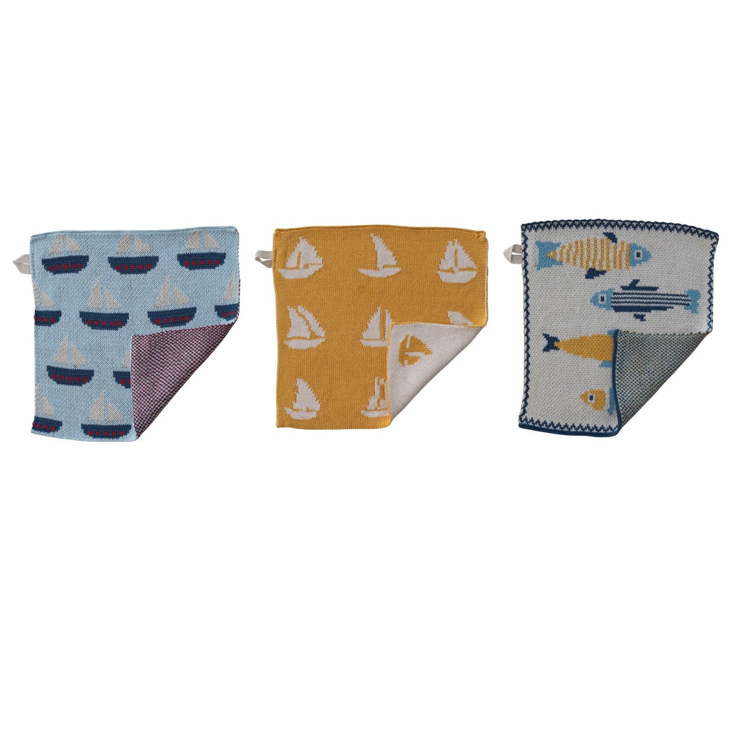 Cotton Knit Dish Cloth with Fish/Boat Pattern, 3 Styles - La Vie Est Belle