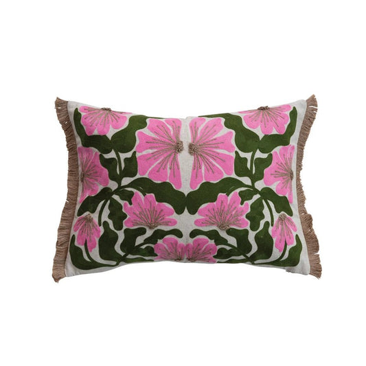 Cotton & Linen Lumbar Pillow with Embroidered Flowers & Jute Eyelash Fringe - La Vie Est Belle