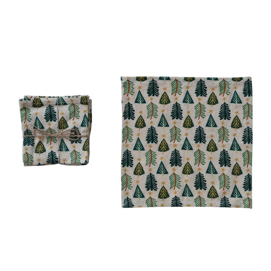 Cotton & Linen Printed Cocktail Napkins with Tree Pattern, Set of 4 Tied with Jute © - La Vie Est Belle