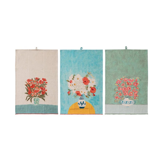 Cotton & Linen Printed Tea Towel w/ Flowers in Vase & Mini Pom Pom Trim, 3 Styles - La Vie Est Belle