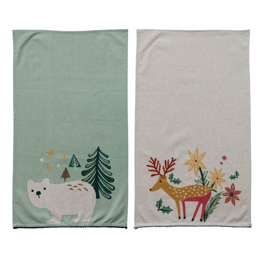 Cotton & Linen Printed Tea Towel with Embroidery & Mini Pom Pom Trim - La Vie Est Belle
