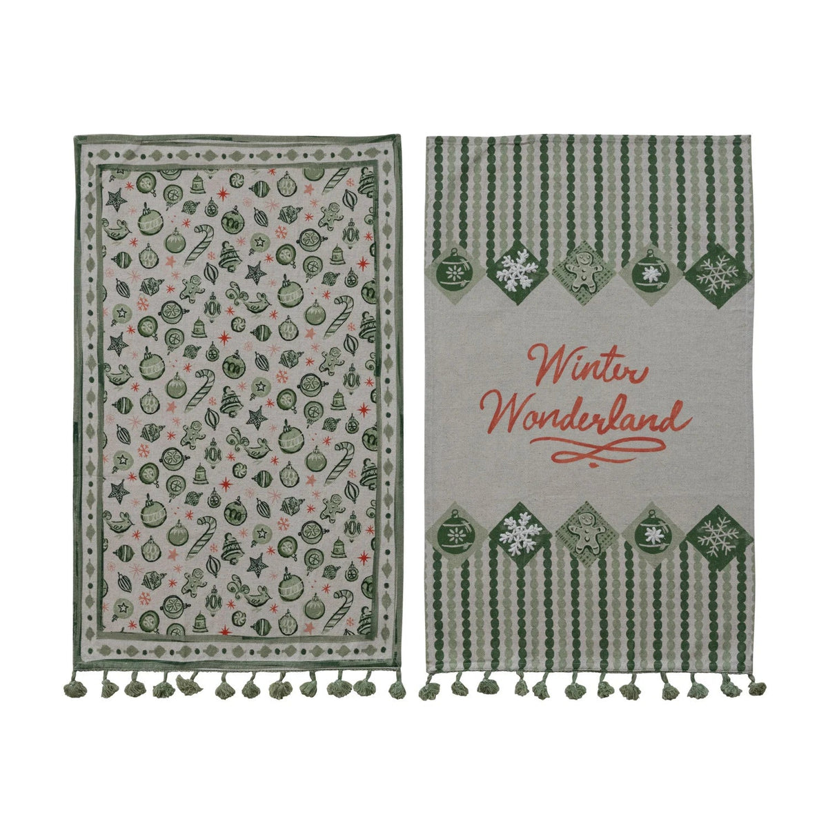 Cotton & Linen Printed Tea Towel with Holiday Pattern/Saying & Tassels, 2 Styles - La Vie Est Belle