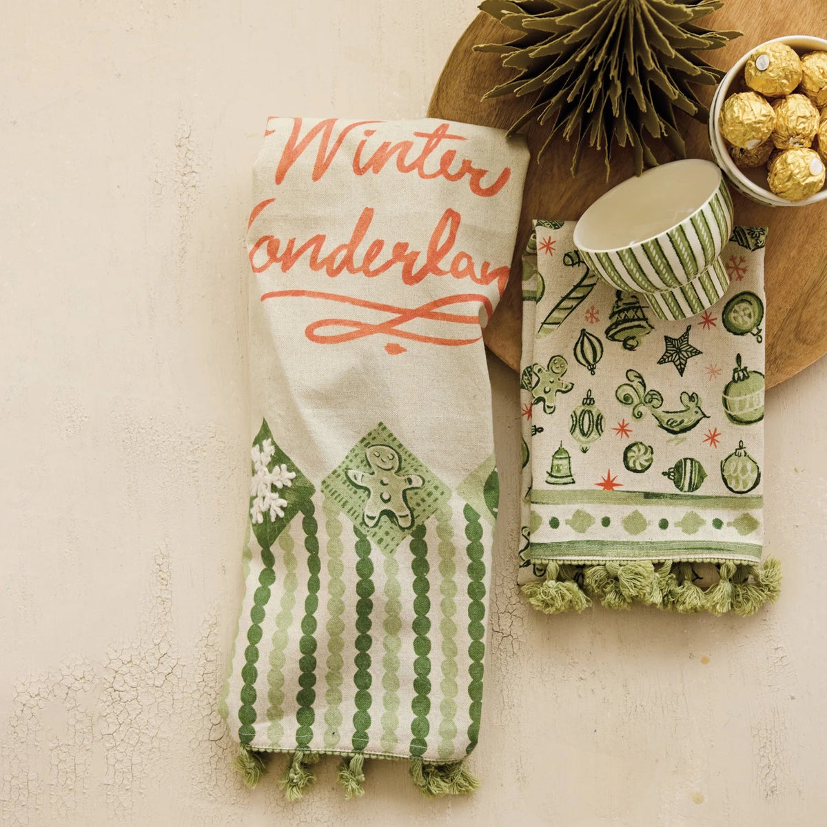 Cotton & Linen Printed Tea Towel with Holiday Pattern/Saying & Tassels, 2 Styles - La Vie Est Belle
