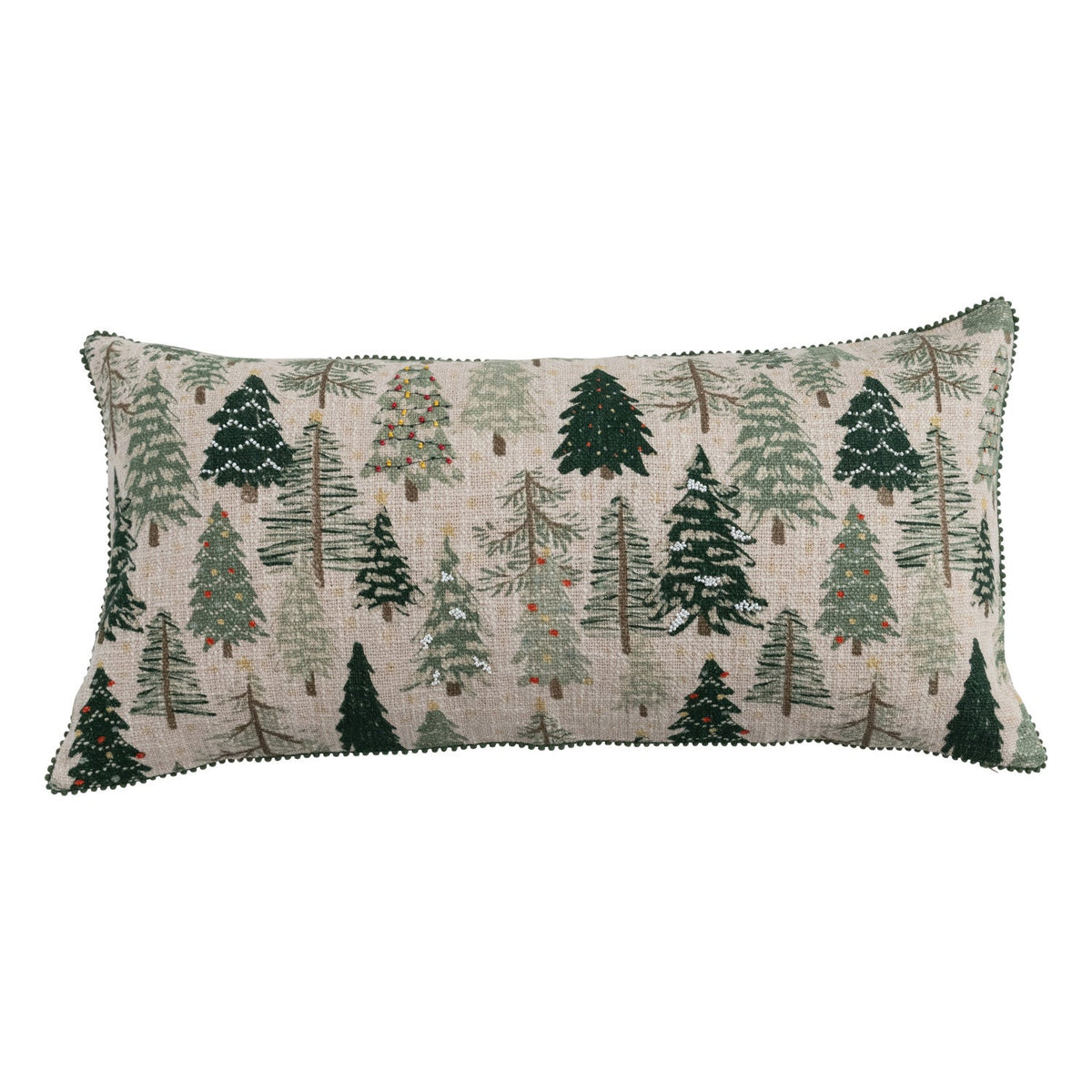 Cotton & Linen Slub Printed Lumbar Pillow with Tree Pattern, Beads & Mini Pom Pom Trim - La Vie Est Belle