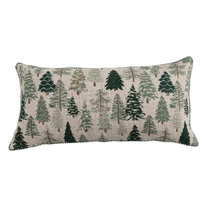 Cotton & Linen Slub Printed Lumbar Pillow with Tree Pattern, Beads & Mini Pom Pom Trim - La Vie Est Belle