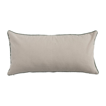 Cotton & Linen Slub Printed Lumbar Pillow with Tree Pattern, Beads & Mini Pom Pom Trim - La Vie Est Belle