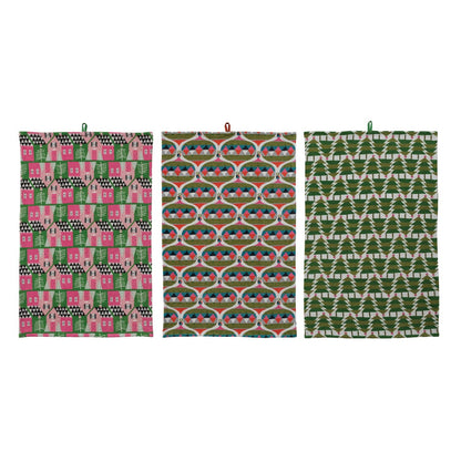 Cotton Printed Waffle Weave Tea Towel with Holiday Pattern, 3 Styles - La Vie Est Belle