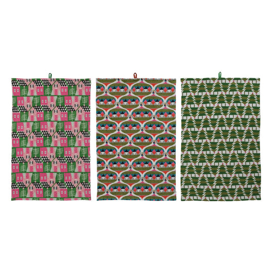 Cotton Printed Waffle Weave Tea Towel with Holiday Pattern, 3 Styles - La Vie Est Belle