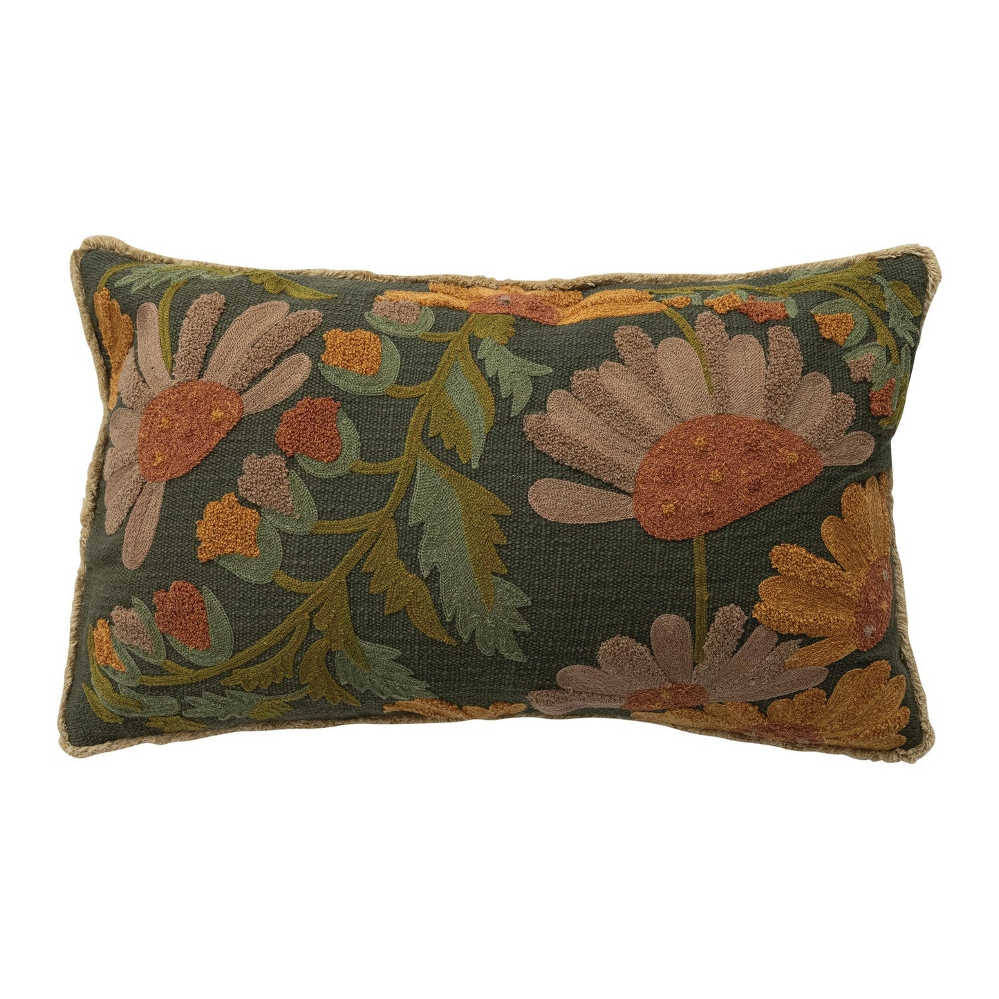 Cotton Slub Embroidered Pillow with Flowers, Fringe & Chambray Back - La Vie Est Belle