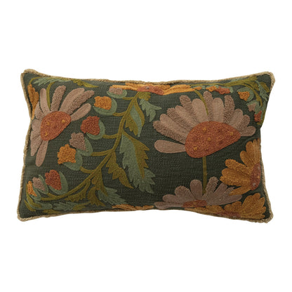 Cotton Slub Embroidered Pillow with Flowers, Fringe & Chambray Back - La Vie Est Belle