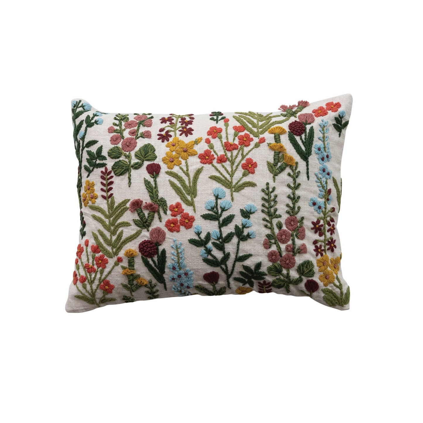 Cotton Slub Lumbar Pillow with Hand-Embroidered Flowers - La Vie Est Belle
