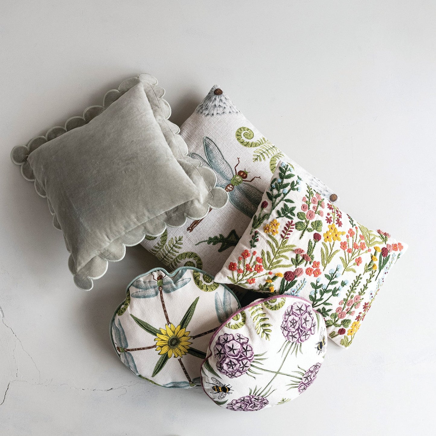 Cotton Slub Lumbar Pillow with Hand-Embroidered Flowers - La Vie Est Belle
