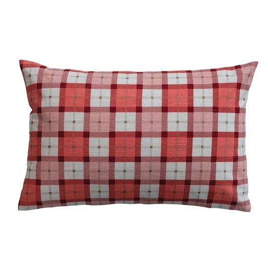 Cotton Slub Printed Lumbar Pillow with Pattern, Red, White & Gold Color - La Vie Est Belle