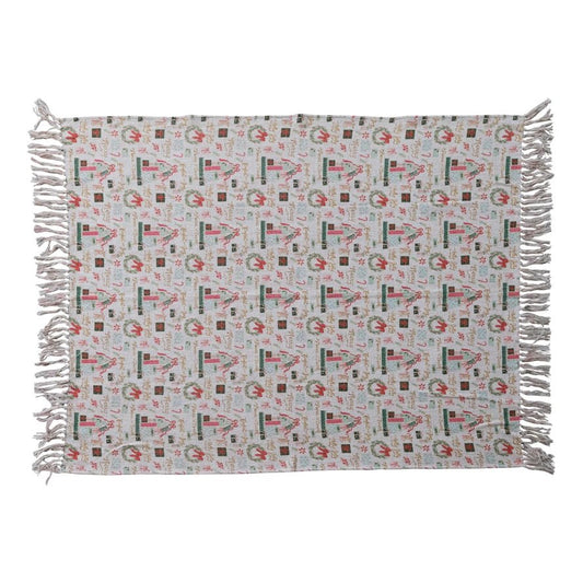 Cotton Slub Printed Throw with Holiday Pattern & Fringe - La Vie Est Belle